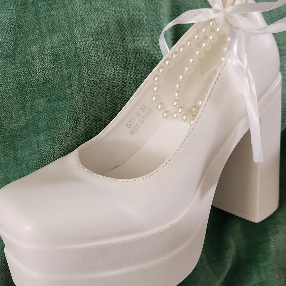 White platform Heels. With Pearl Ankle Strap Satin Bow - Picture 8 of 8